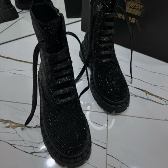 Black Glitter Combat Boots - Picture 2 of 7